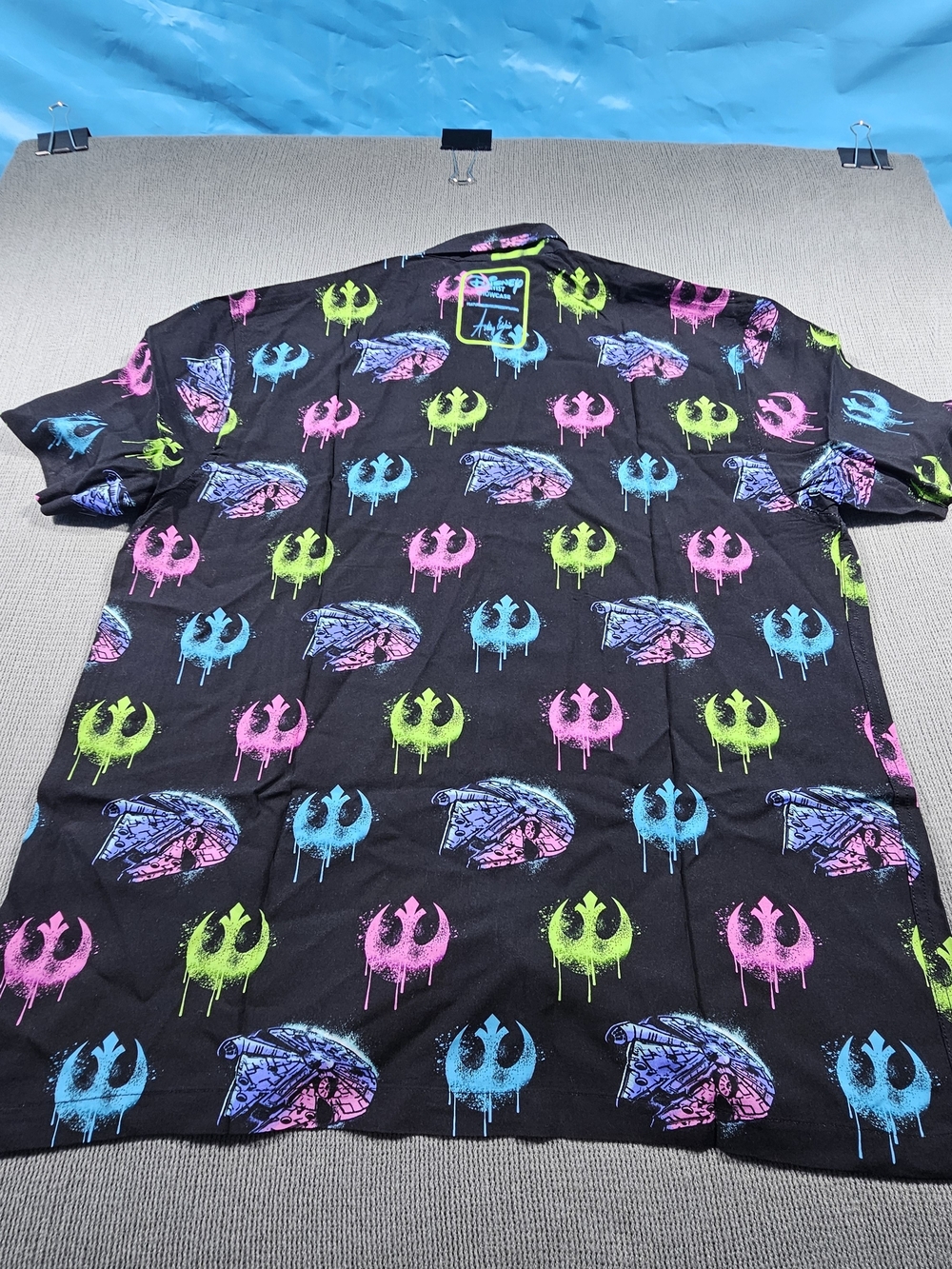 Star Wars Men's Black Short-Sleeve Button-Up Shirt with Neon Rebel Logos - Picture 7 of 9